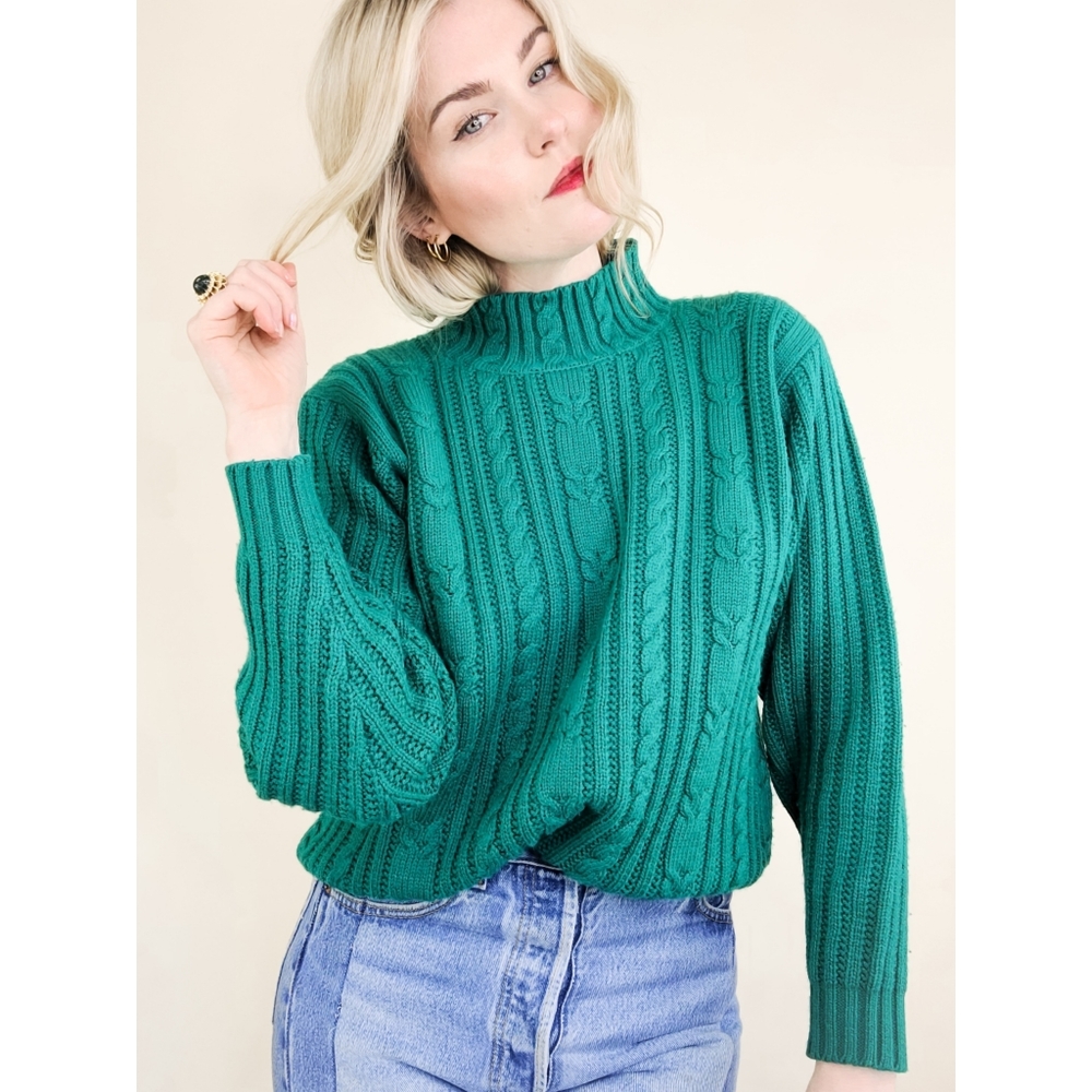 90s Green Cable Knit Turtleneck Vintage Sweater